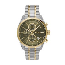 Image of NEW HUGO BOSS 1514227 GRAND PRIX WATCH OLIVE DIAL TWO TONE STRAP - 2 WARRANTY