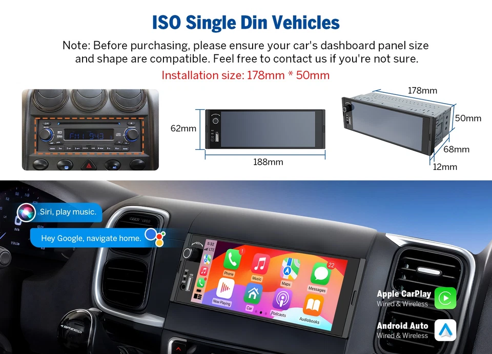 1DIN 6.36" Touch Screen Car Stereo Radio Wireless Apple CarPlay Android Auto SWC - Image 4 of 4