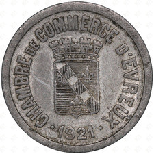 1921 France Chambre de Commerce d’Evreux 25 Centimes Token – Aluminium