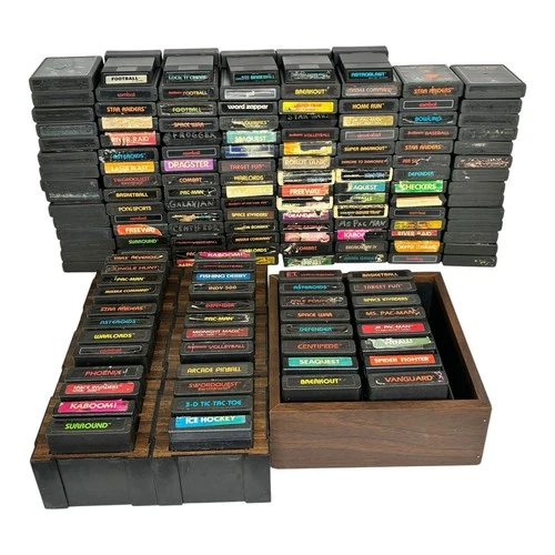 Atari 2600 Huge 157 Game Cartridge Lot Untested w/ 2 Wooden Storage Holders