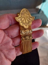 VINTAGE VICTORIAN REVIVAL SCROLL GOLD TN MESH TASSEL FRINGE BOLD SLIDE BRACELET