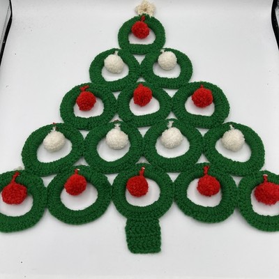 Vtg Handmade Crochet 17x17 Granny Cottage Christmas Tree White Green Red Pom Pom