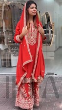 Party Wear Chinon Silk Red Kurta Palazzo With Fancy Dupatta For Women