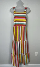 J Crew Dress Womens Maxi Sleevess Rainbow Stripe XS Preppy Cottagecore Cotton