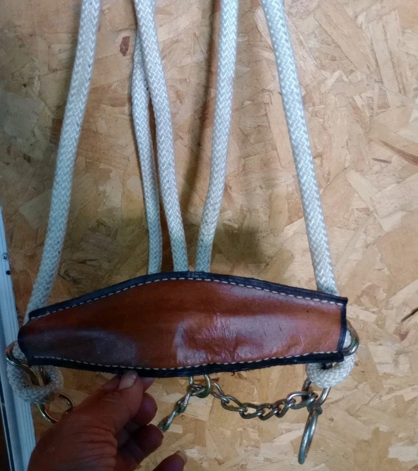 Soporte de control de cuerda de nailon blanco con banda nasal de cuero y cadena Foto 2 de 4