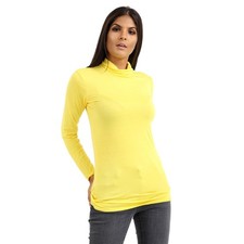 Womens Plain Polo Neck Top Ladies Long Sleeve Stretchy Basic Tee Casual T-Shirt