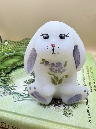 Fenton Hand Painted Glass Rabbit Figurine Floral Signed J. Frederick