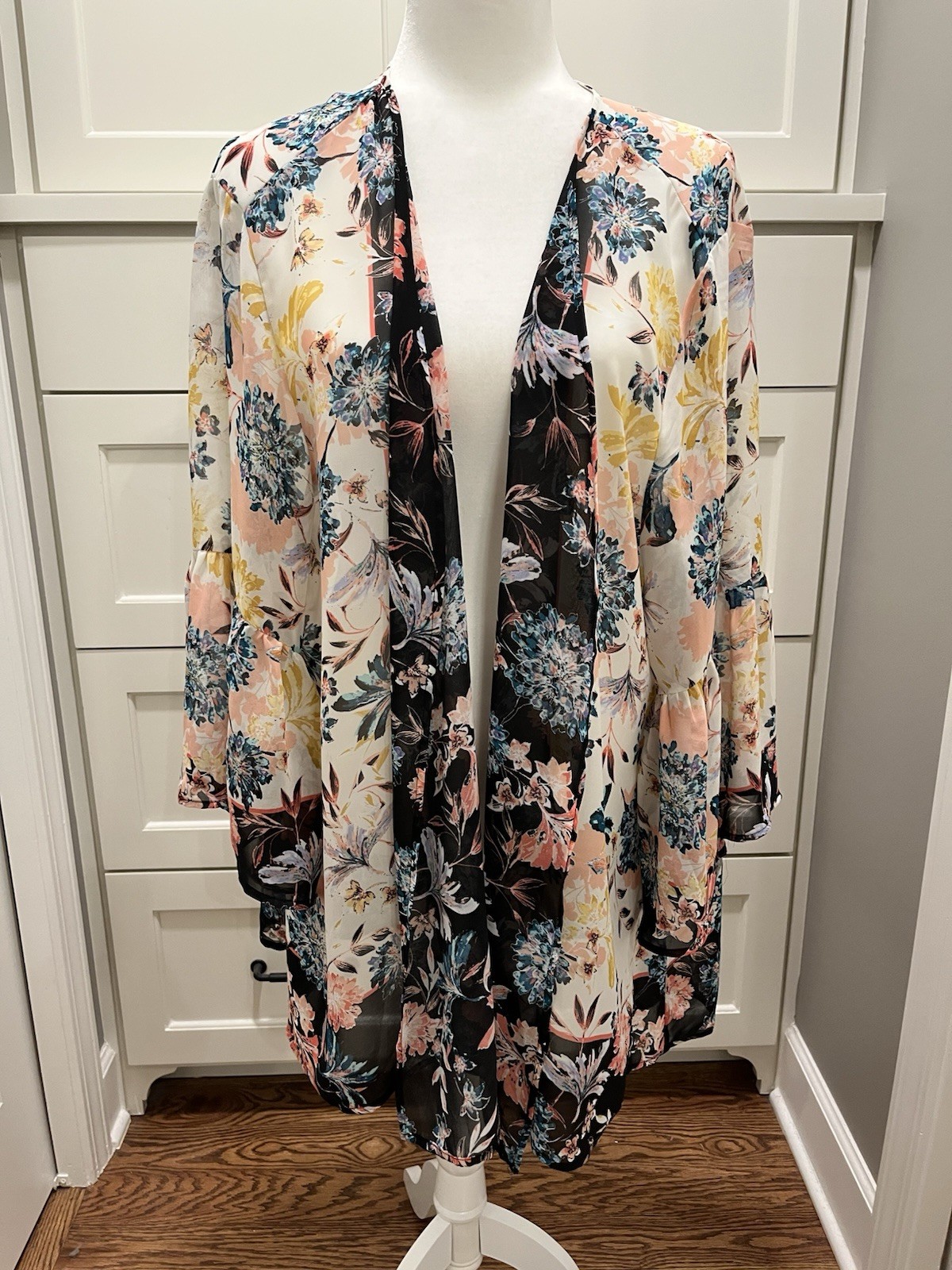 Style & Co Kimono Cardigan Womens XL Colorful Floral Bell Sleeve Beach Boho Top