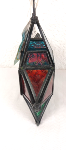 Patterned Stained Glass Hanging Metal STAR Tea Light Candle Holder 8” T India - Picture 8 of 18