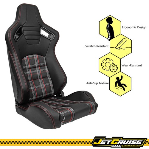 Universal Pair Reclinable Racing Seats Dual Slider PU & Carbon Leather Red Plaid - Picture 7 of 19