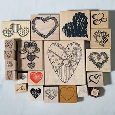 Lot of 21 - Wood Rubber Stamps - Love & Hearts - Mixed Brands