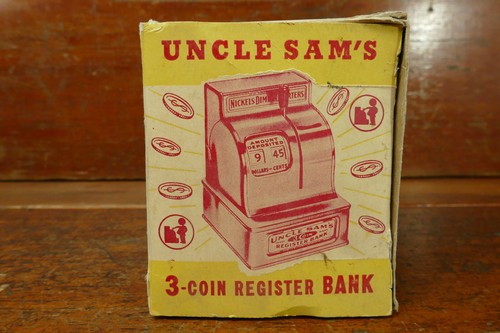 Vintage Red Uncle Sam’s 3 Coin Register Bank w/ Original Box - Western Stamping - Picture 7 of 13