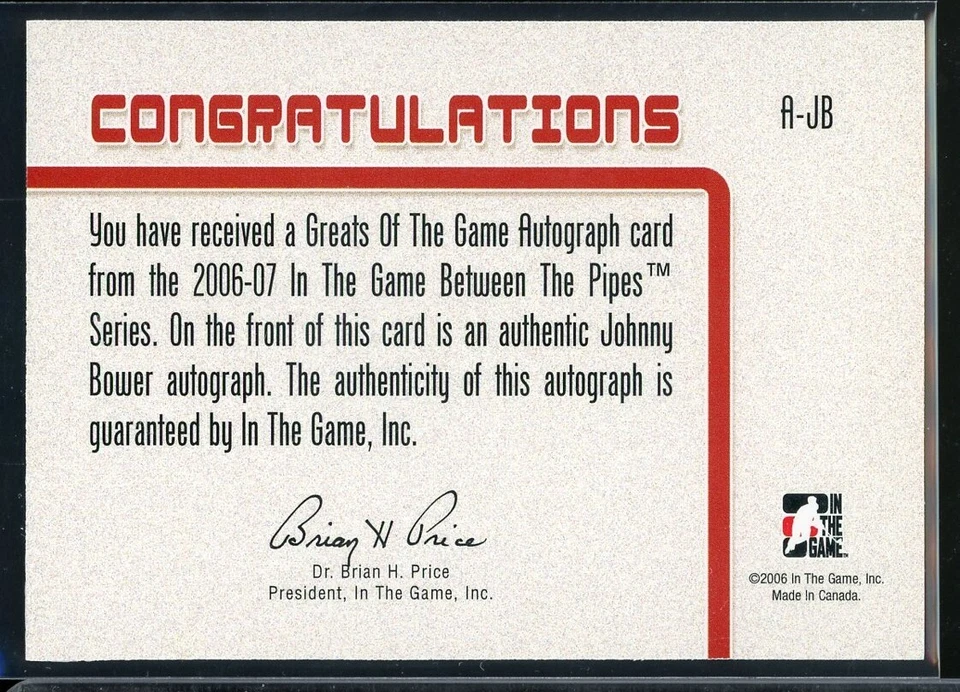 2006-07 ITG Between The Pipes Autographs #AJB Johnny Bower - Image 2 of 2