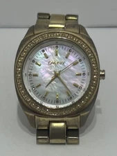 DKNY Gold Tone Stainless Steel Womens Watch Bracelet Band Mother Of Pearl Dial