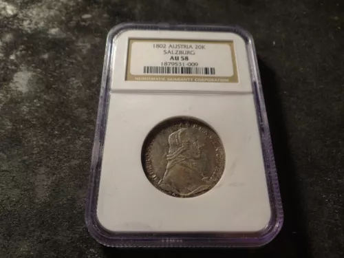 1802 NGC AU 58 Austria States Salzburg Silver 20 Kreuzer SLABZ
