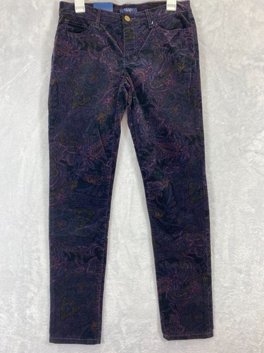 Chaps Womens Velvet Corduroy Pants Sz 4 Slimming Fit Purple Paisley Print Velour