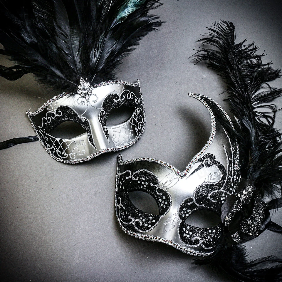 Silver Black Side Feather Glitter & Silver MardiGras Top Feather Party Masks - Image 3 of 3