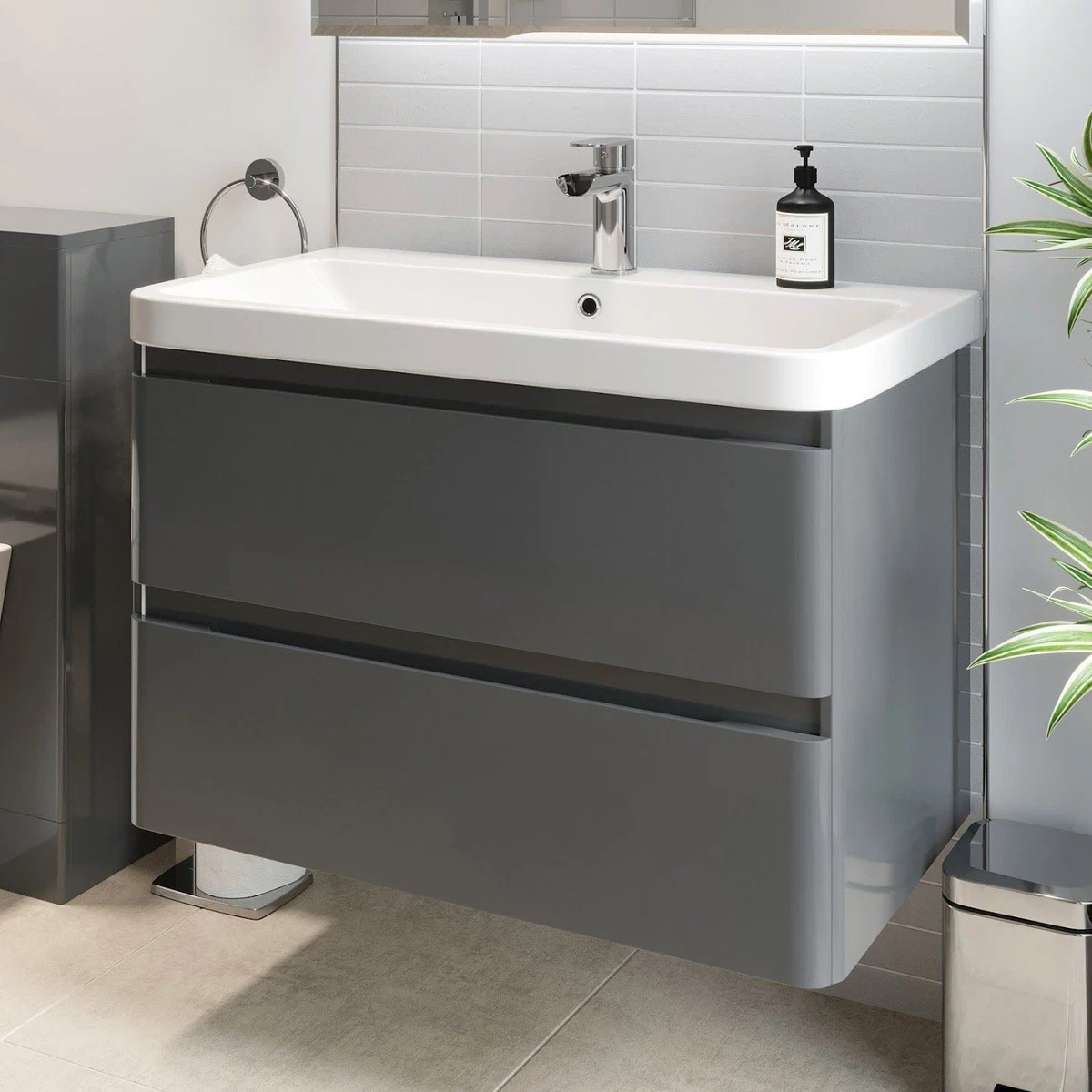 Bathroom Wall Hung Vanity Unit Wash 800 Basin Base Cabinet Drawers Storage Grey