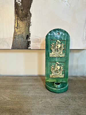 Vtg Green Pottery Slab Terra Cotta Candle Sconce embossed sailboats 1992 Marked