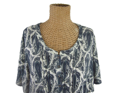 New Rose & Olive Womens Plus 3X Ivory Black Blue Paisley Pinch Pleated SS Shirt - Picture 5 of 12