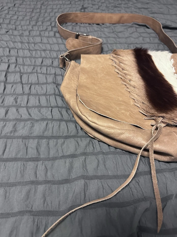 KULU Messenger Handbag Leather Springbok Fur Luxury Bag Purse Animal Tan 12x12 - Image 2 of 4