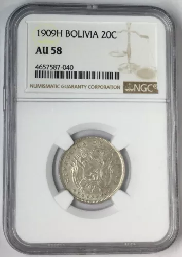 1909H 20C Bolivia Veinte Centavos NGC AU58 #