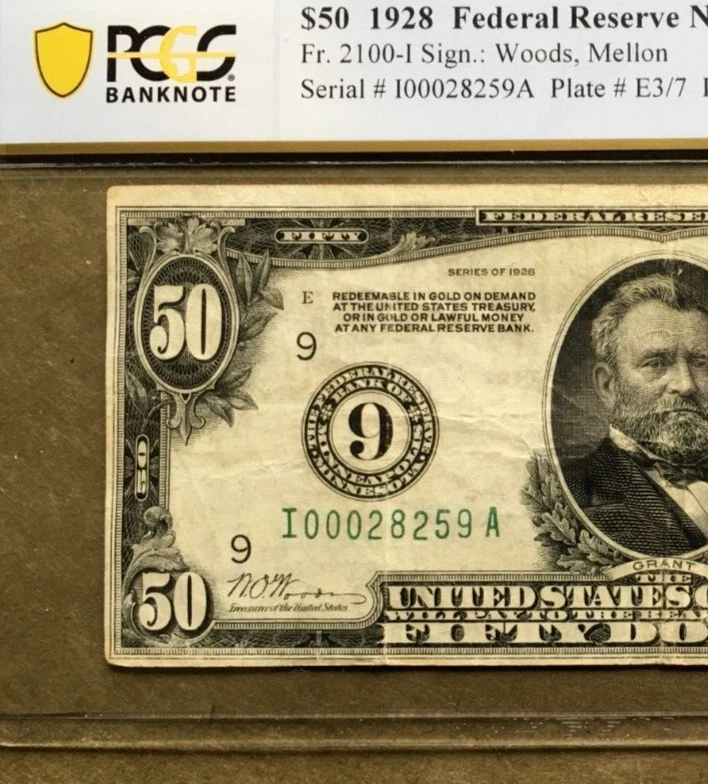 1928 $50 FRN 🏆 MINNEAPOLIS 🏆 KEY NUMERIC 9 DISTRICT  [] Ser# I 00028259 A - Image 3 of 3