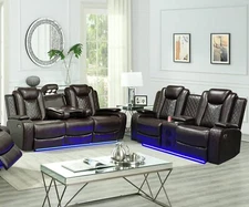 Living Room 2pc Luxury Sofa Set LED Light Sofa Loveseat Power Reclining Brown