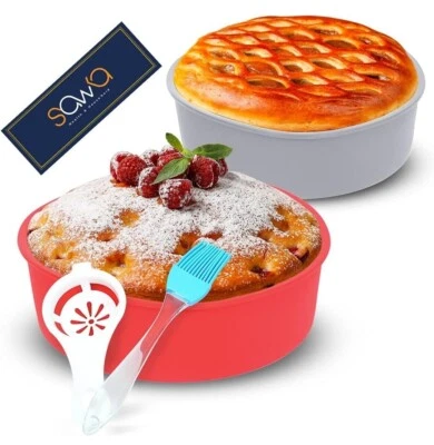 SOL 2x Silicone Cake Tin Round Mould Non-Stick Baking Pan Bakeware Sponge With Brush