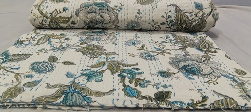 Indian Hand Block Floral Queen Size Cotton Kantha Quilt Throw Blanket Bedspread - Picture 5 of 8