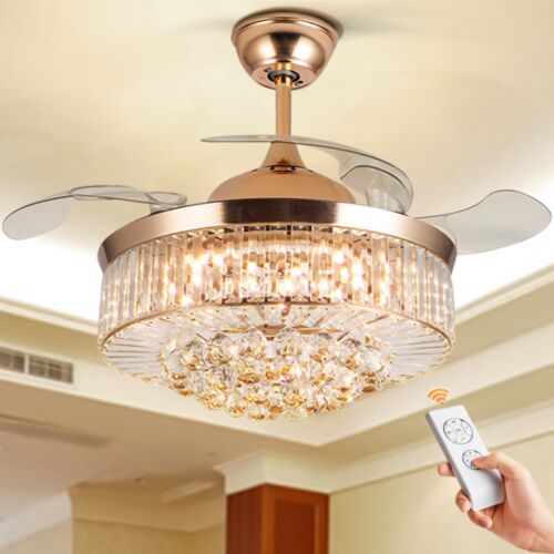 42" Crystal Ceiling Fan Remote Retractable Blades Chandelier 3-Colors 3-Speeds - Picture 2 of 13