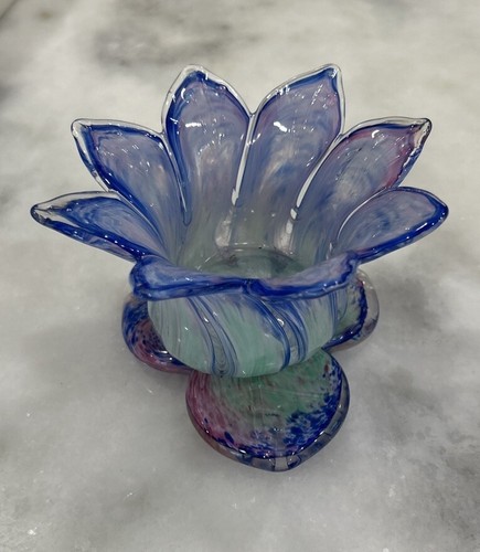 Art Glass Lotus Flower Hand Blown Votive Candle Holder Blue Pink Green