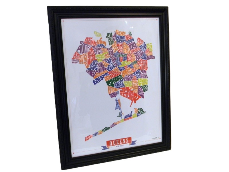 Queens, New York, neighborhood typography map art print Framed 21 x 27 inches