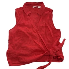 Cynthia Rowley Top Womens Small Red Linen Wrap Sleeveless Collared Summer Blouse