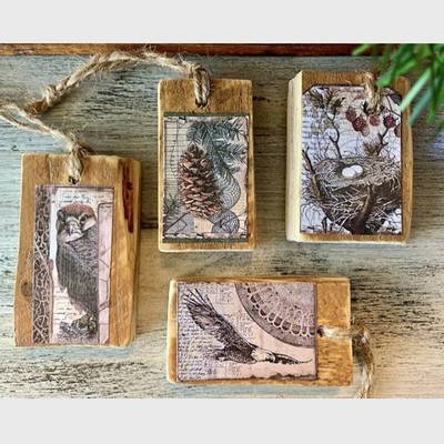 WOODL AND Creatures ORNAMENTS Set of 4 Birds Eagle Bird Nest Pinecone