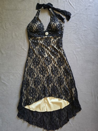 Vintage Y2K Ruby Rox Black Lace Halter Top High Low Midi Dress Size Medium - 第 1/8 張圖片