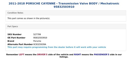 2011-2018 PORSCHE CAYENNE - Transmission Valve BODY / Mechatronic 95832503910 - Picture 6 of 7