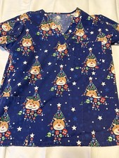 Blue Holiday Clown  Snowman Print Scrub Top Unisex Medical Patterned