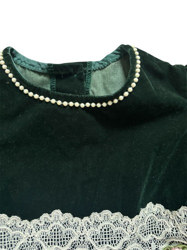 Vintage Girl's 5 Green Velour Velvet Lace Floral Prairie Cottage Core Dress USA - Picture 4 of 9