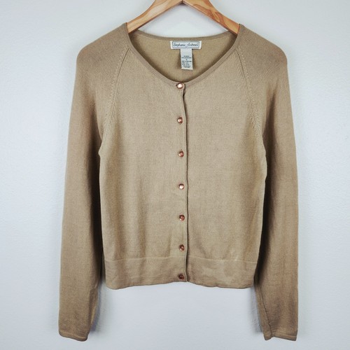 Vintage Stephanie Andrews 100% Merino Wool Tan Cardigan Sweater Size Small