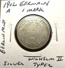1902A Silver Germany 1 Mark, Berlin Mint Wilhelm II, Type 2
