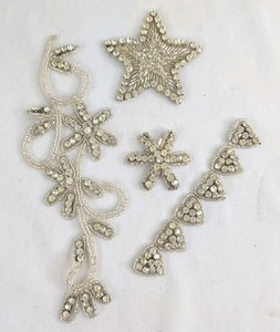 Appliques Rhinestone Lot 4 Silver Beaded Bridal Sew On Star Heart Flower 