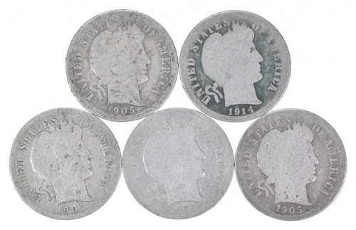 Better Lot 5 1905-O 1914-S 1905-S 1906 1905-S Barber Dime 0.50 Face *228