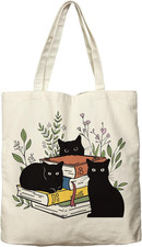 Black Cat Canvas Tote Bag for Women Aesthetic Cute Cat Floral Book Tote Bag Shop