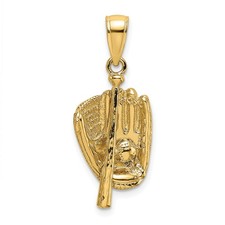 14k Yellow Gold Baseball Glove Pendant with Bat Ball Sports Charm Unisex Necklac