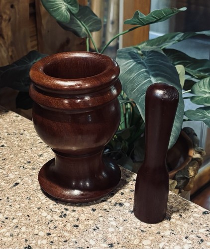 Antique Vintage Dark Wooden Mortar and Pestle 6" Tall Primitive Hand Turned - Bild 2 von 4