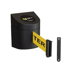 Retractable Belt Barrier, Wall Mount, Black Case Fixed 15 ft. Caution Belt