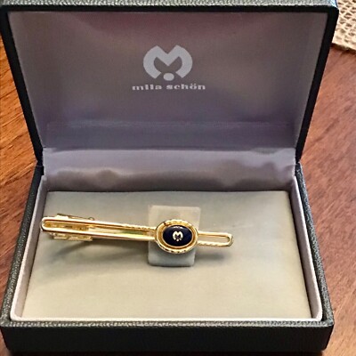 Vintage Designer Mila Schon Tie Clip, Tie Bar Gold Tone Black  display picture 1