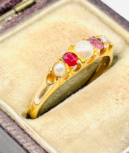 Antique Victorian 22ct Gold, Ruby & Pearl Five Stone Ring, B/Ham Marks 1861 - Picture 2 of 14