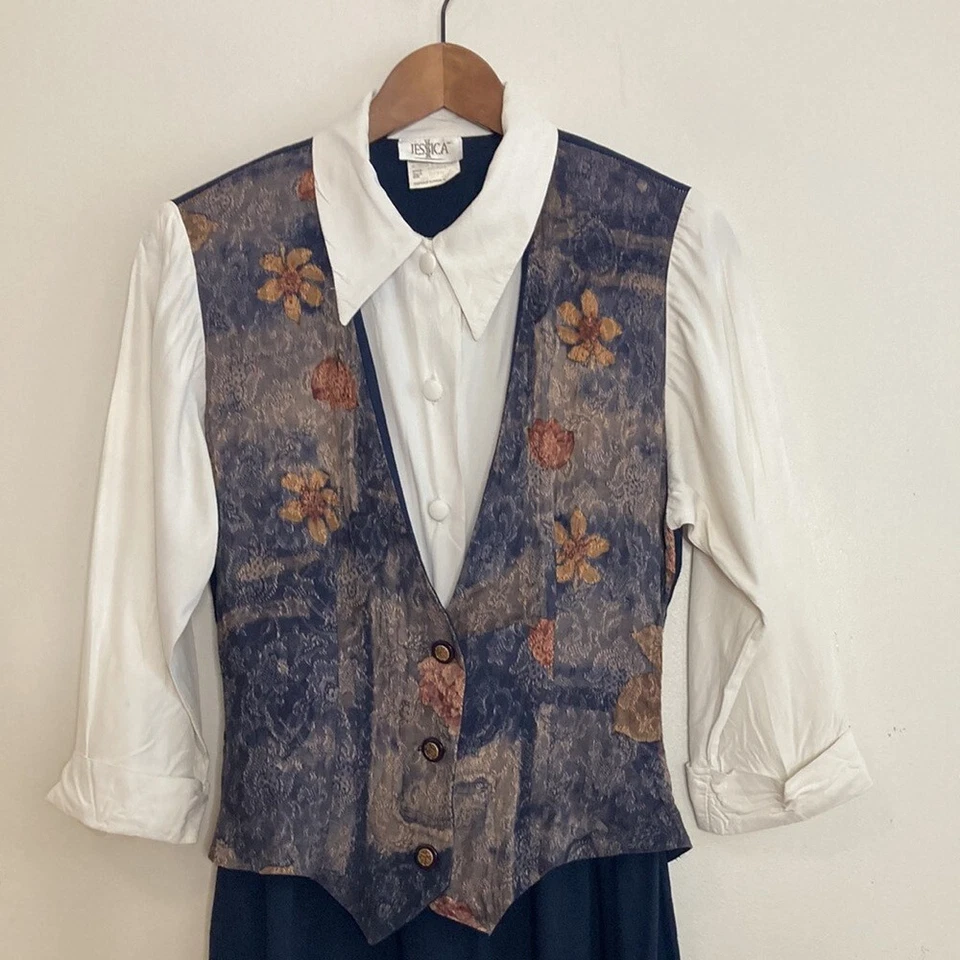 Vintage Dress Womens Medium White Navy Blue Shirtdress Vest 90s Mom Mid Flare Foto 3 de 4